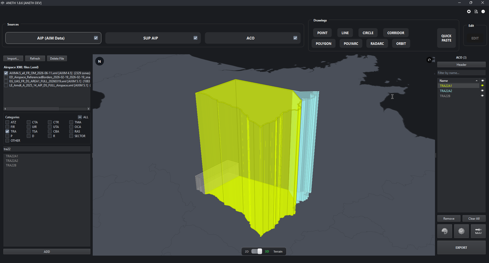 ANETH affichant des volumes d'espace aérien en vue 3D